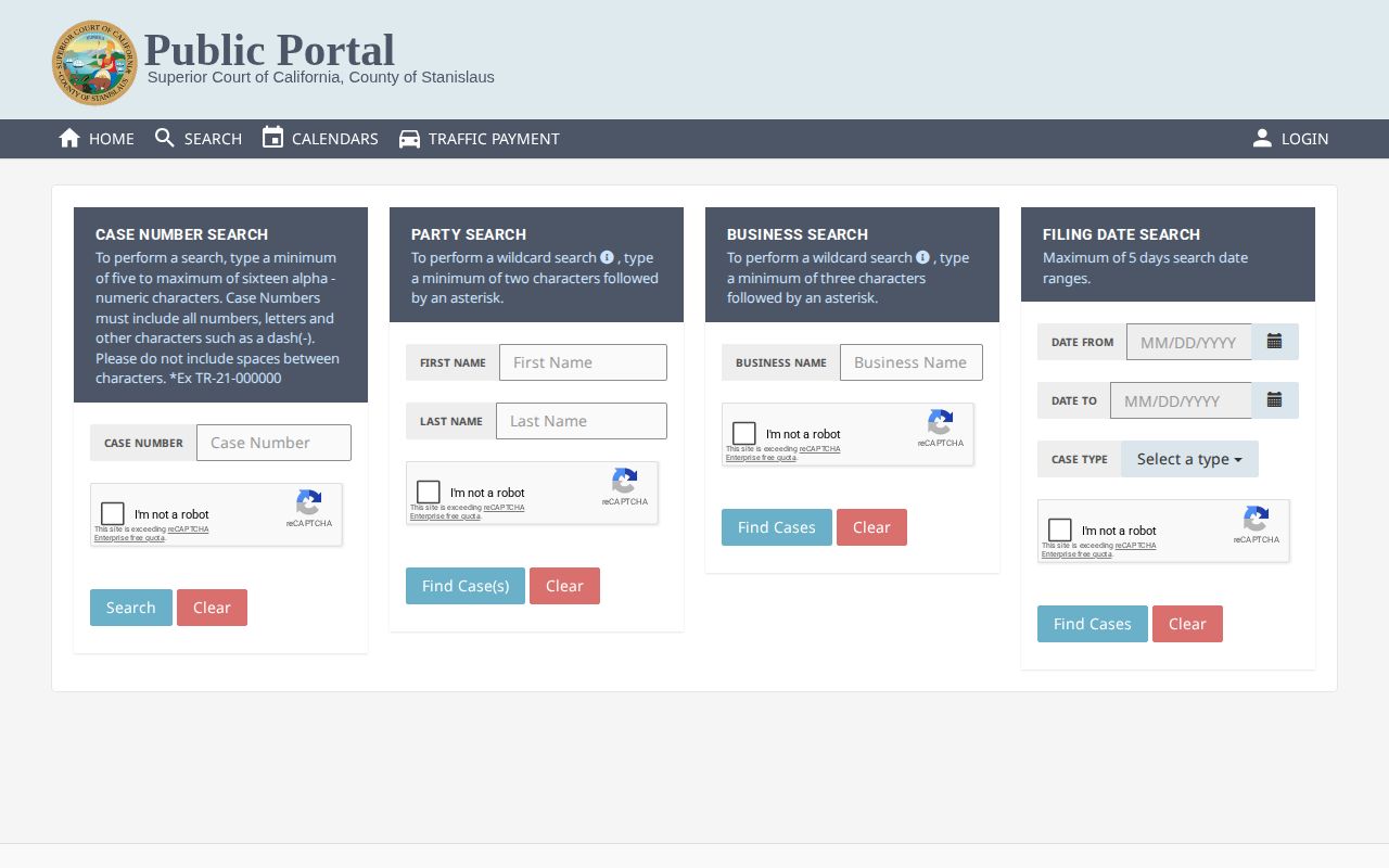 Stanislaus County court portal for released inmate court disposition searches