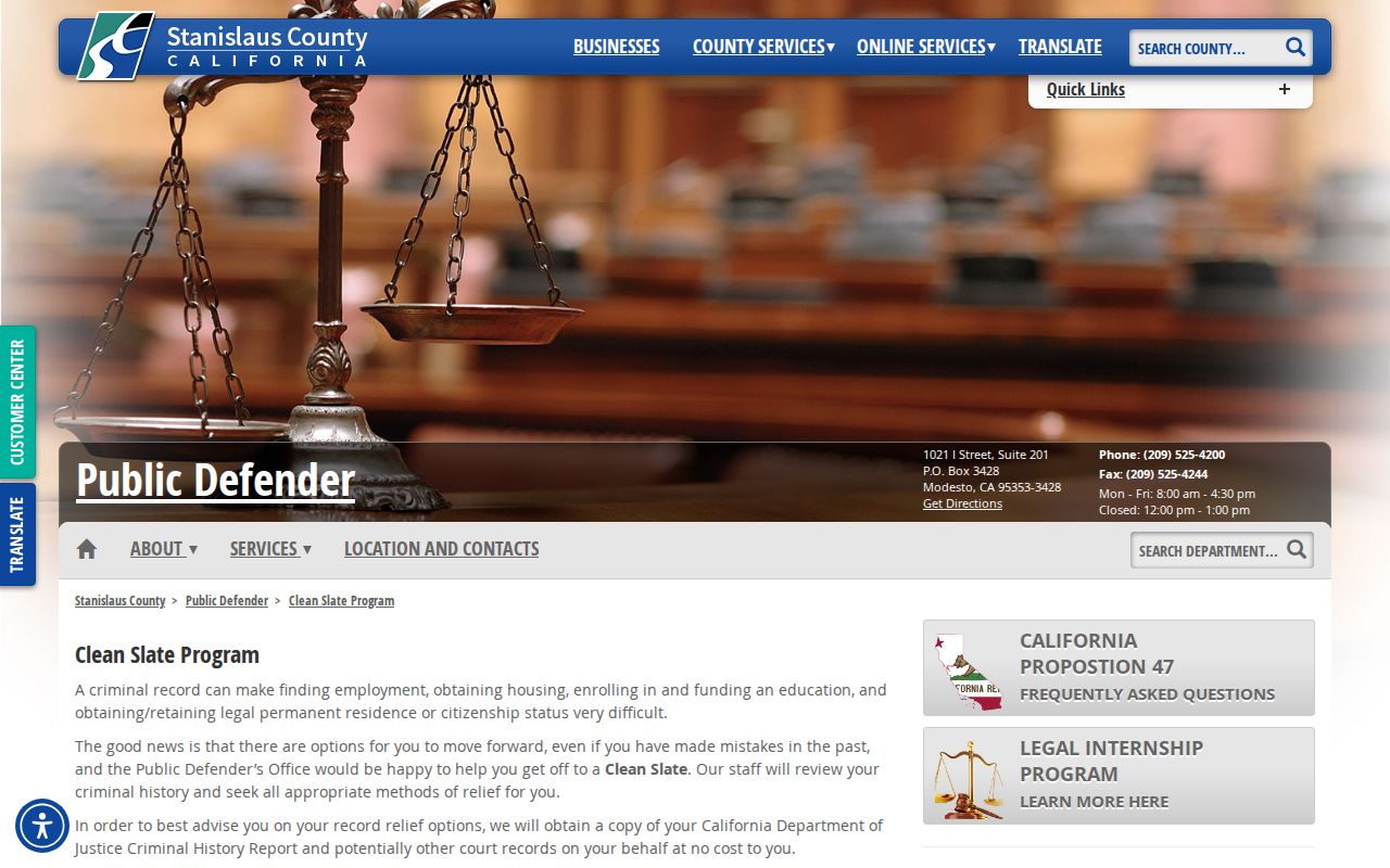 Stanislaus County Clean Slate Program for released inmate court record relief