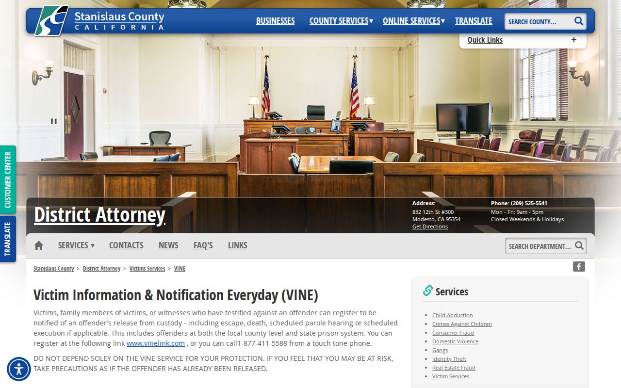Stanislaus County VINELink inmate check District Attorney VINE source
